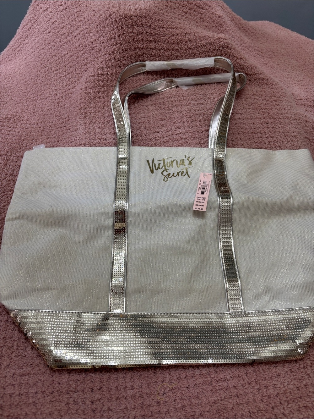 Victoria's Secret Silver and Ivory Sequin Trim Tote